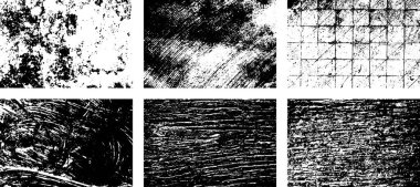 Siyah beyaz grunge seti. Tehlike örtüsü dokusu. Yüzey tozu ve kaba duvar arkası konsepti. Sıkıntı illüstrasyonu, grunge etkisi yaratmak için basitçe nesnenin üzerine yerleştirilir. Vektör EPS10.