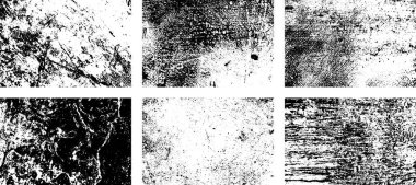 Siyah beyaz grunge seti. Tehlike örtüsü dokusu. Yüzey tozu ve kaba duvar arkası konsepti. Sıkıntı illüstrasyonu, grunge etkisi yaratmak için basitçe nesnenin üzerine yerleştirilir. Vektör EPS10.