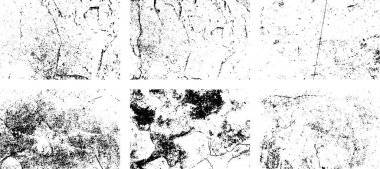 Siyah beyaz grunge seti. Tehlike örtüsü dokusu. Yüzey tozu ve kaba duvar arkası konsepti. Sıkıntı illüstrasyonu, grunge etkisi yaratmak için basitçe nesnenin üzerine yerleştirilir. Vektör EPS10.