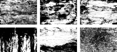 Siyah beyaz grunge seti. Tehlike örtüsü dokusu. Yüzey tozu ve kaba duvar arkası konsepti. Sıkıntı illüstrasyonu, grunge etkisi yaratmak için basitçe nesnenin üzerine yerleştirilir. Vektör EPS10.