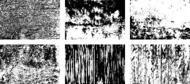 Siyah beyaz grunge seti. Tehlike örtüsü dokusu. Yüzey tozu ve kaba duvar arkası konsepti. Sıkıntı illüstrasyonu, grunge etkisi yaratmak için basitçe nesnenin üzerine yerleştirilir. Vektör EPS10.