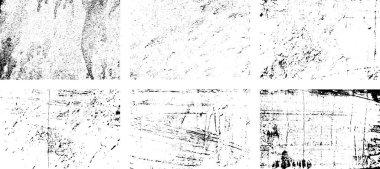 Siyah beyaz grunge seti. Tehlike örtüsü dokusu. Yüzey tozu ve kaba duvar arkası konsepti. Sıkıntı illüstrasyonu, grunge etkisi yaratmak için basitçe nesnenin üzerine yerleştirilir. Vektör EPS10.