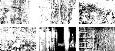 Siyah beyaz grunge seti. Tehlike örtüsü dokusu. Yüzey tozu ve kaba duvar arkası konsepti. Sıkıntı illüstrasyonu, grunge etkisi yaratmak için basitçe nesnenin üzerine yerleştirilir. Vektör EPS10.
