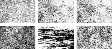 Siyah beyaz grunge seti. Tehlike örtüsü dokusu. Yüzey tozu ve kaba duvar arkası konsepti. Sıkıntı illüstrasyonu, grunge etkisi yaratmak için basitçe nesnenin üzerine yerleştirilir. Vektör EPS10.