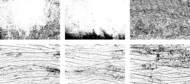 Siyah beyaz grunge seti. Tehlike örtüsü dokusu. Yüzey tozu ve kaba duvar arkası konsepti. Sıkıntı illüstrasyonu, grunge etkisi yaratmak için basitçe nesnenin üzerine yerleştirilir. Vektör EPS10.