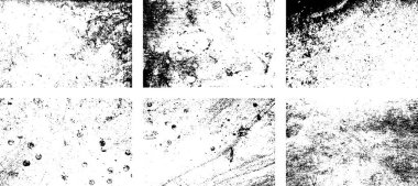 Siyah beyaz grunge seti. Tehlike örtüsü dokusu. Yüzey tozu ve kaba duvar arkası konsepti. Sıkıntı illüstrasyonu, grunge etkisi yaratmak için basitçe nesnenin üzerine yerleştirilir. Vektör EPS10.