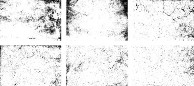 Siyah beyaz grunge seti. Tehlike örtüsü dokusu. Yüzey tozu ve kaba duvar arkası konsepti. Sıkıntı illüstrasyonu, grunge etkisi yaratmak için basitçe nesnenin üzerine yerleştirilir. Vektör EPS10.