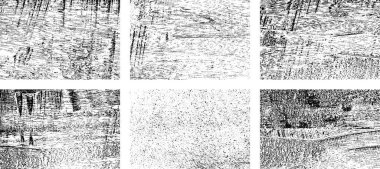 Siyah beyaz grunge seti. Tehlike örtüsü dokusu. Yüzey tozu ve kaba duvar arkası konsepti. Sıkıntı illüstrasyonu, grunge etkisi yaratmak için basitçe nesnenin üzerine yerleştirilir. Vektör EPS10.