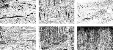 Siyah beyaz grunge seti. Tehlike örtüsü dokusu. Yüzey tozu ve kaba duvar arkası konsepti. Sıkıntı illüstrasyonu, grunge etkisi yaratmak için basitçe nesnenin üzerine yerleştirilir. Vektör EPS10.