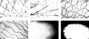 Siyah beyaz grunge seti. Tehlike örtüsü dokusu. Yüzey tozu ve kaba duvar arkası konsepti. Sıkıntı illüstrasyonu, grunge etkisi yaratmak için basitçe nesnenin üzerine yerleştirilir. Vektör EPS10.
