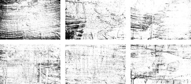 Siyah beyaz grunge seti. Tehlike örtüsü dokusu. Yüzey tozu ve kaba duvar arkası konsepti. Sıkıntı illüstrasyonu, grunge etkisi yaratmak için basitçe nesnenin üzerine yerleştirilir. Vektör EPS10.