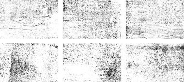 Siyah beyaz grunge seti. Tehlike örtüsü dokusu. Yüzey tozu ve kaba duvar arkası konsepti. Sıkıntı illüstrasyonu, grunge etkisi yaratmak için basitçe nesnenin üzerine yerleştirilir. Vektör EPS10.