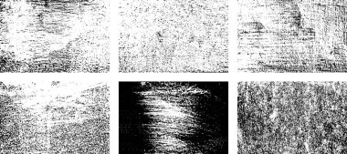 Siyah beyaz grunge seti. Tehlike örtüsü dokusu. Yüzey tozu ve kaba duvar arkası konsepti. Sıkıntı illüstrasyonu, grunge etkisi yaratmak için basitçe nesnenin üzerine yerleştirilir. Vektör EPS10.