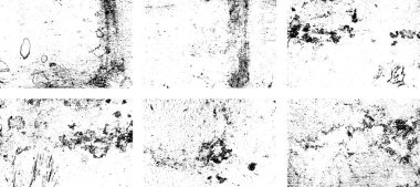 Siyah beyaz grunge seti. Tehlike örtüsü dokusu. Yüzey tozu ve kaba duvar arkası konsepti. Sıkıntı illüstrasyonu, grunge etkisi yaratmak için basitçe nesnenin üzerine yerleştirilir. Vektör EPS10.