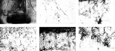 Siyah beyaz grunge seti. Tehlike örtüsü dokusu. Yüzey tozu ve kaba duvar arkası konsepti. Sıkıntı illüstrasyonu, grunge etkisi yaratmak için basitçe nesnenin üzerine yerleştirilir. Vektör EPS10.