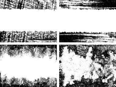 Siyah beyaz grunge seti. Tehlike örtüsü dokusu. Yüzey tozu ve kaba duvar arkası konsepti. Sıkıntı illüstrasyonu, grunge etkisi yaratmak için basitçe nesnenin üzerine yerleştirilir. Vektör EPS10.