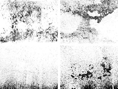 Siyah beyaz grunge seti. Tehlike örtüsü dokusu. Yüzey tozu ve kaba duvar arkası konsepti. Sıkıntı illüstrasyonu, grunge etkisi yaratmak için basitçe nesnenin üzerine yerleştirilir. Vektör EPS10.