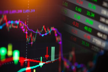 Finansal yatırım konsepti için uygun borsa veya önx ticaret grafiği ve şamdan grafiği. Ekonomik trendler iş fikri ve tüm sanat tasarımı için arka plan. Soyut finans arkaplanı.