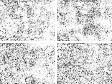 Siyah beyaz grunge seti. Tehlike örtüsü dokusu. Yüzey tozu ve kaba duvar arkası konsepti. Sıkıntı illüstrasyonu, grunge etkisi yaratmak için basitçe nesnenin üzerine yerleştirilir. Vektör EPS10.