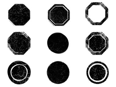Siyah beyaz grunge seti. Tehlike örtüsü dokusu. Yüzey tozu ve kaba duvar arkası konsepti. Sıkıntı illüstrasyonu, grunge etkisi yaratmak için basitçe nesnenin üzerine yerleştirilir. Vektör EPS10.