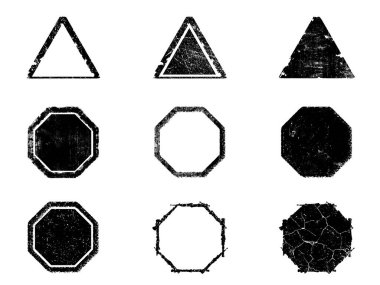 Siyah beyaz grunge seti. Tehlike örtüsü dokusu. Yüzey tozu ve kaba duvar arkası konsepti. Sıkıntı illüstrasyonu, grunge etkisi yaratmak için basitçe nesnenin üzerine yerleştirilir. Vektör EPS10.