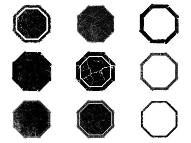 Siyah beyaz grunge seti. Tehlike örtüsü dokusu. Yüzey tozu ve kaba duvar arkası konsepti. Sıkıntı illüstrasyonu, grunge etkisi yaratmak için basitçe nesnenin üzerine yerleştirilir. Vektör EPS10.