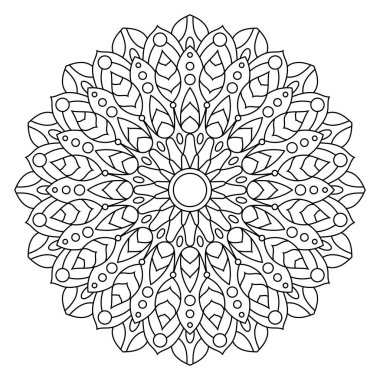  Coloring page with black and white round mandala with floral pattern with flower in center