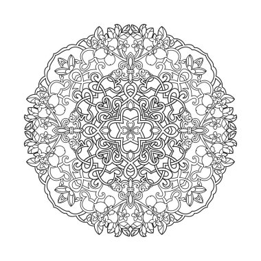 Rounded mandala with flowers and leaves line art, coloring page book