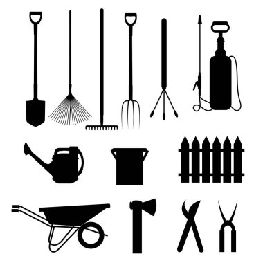 Vector set with silhouettes of garden tools, flowers, herbs, plants. Collection of black and white gardening equipment. Flat spring illustration