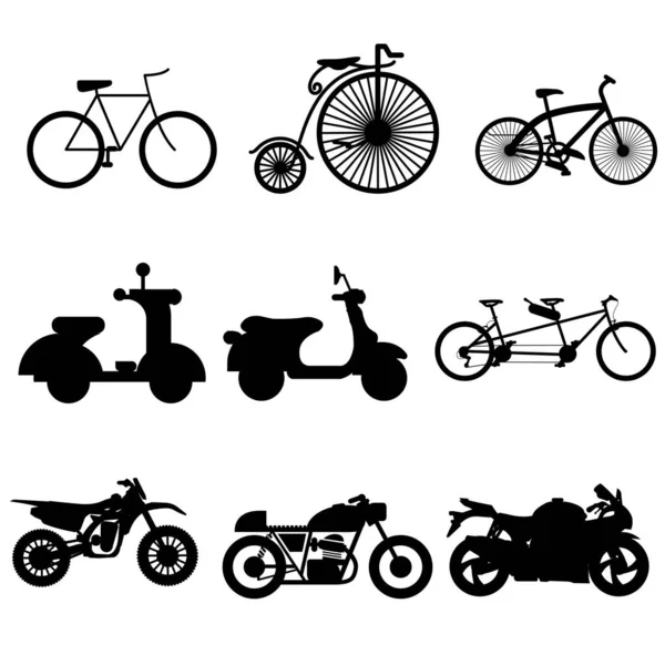 Conjunto Diferentes Bicicletas Motocicletas Silueta Vector Ilustración — Vector de stock