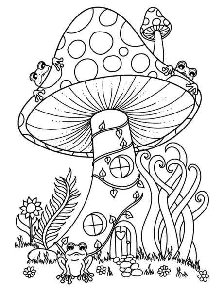 arte de linha de cogumelo e fundo de ilustração de tinta. detalhes do fungo  para livro de colorir adulto. desenho de linha preta. para livro de colorir,  pôster, vestuário, banner, plano de