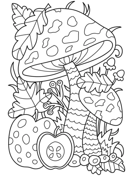 arte de linha de cogumelo e fundo de ilustração de tinta. detalhes do fungo  para livro de colorir adulto. desenho de linha preta. para livro de colorir,  pôster, vestuário, banner, plano de
