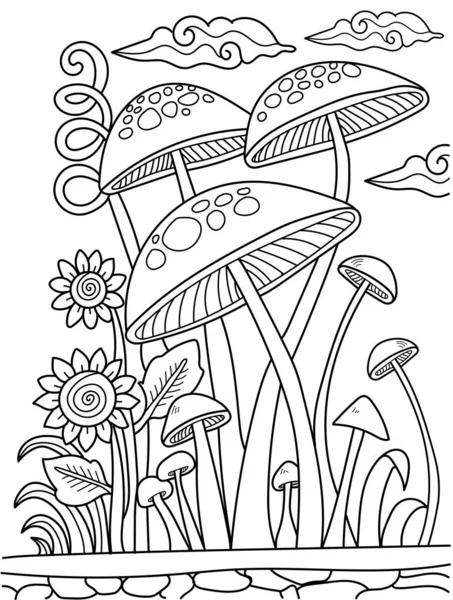 arte de linha de cogumelo e fundo de ilustração de tinta. detalhes do fungo  para livro de colorir adulto. desenho de linha preta. para livro de colorir,  pôster, vestuário, banner, plano de