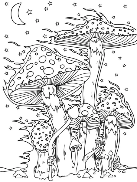 arte de linha de cogumelo e fundo de ilustração de tinta. detalhes do fungo  para livro de colorir adulto. desenho de linha preta. para livro de colorir,  pôster, vestuário, banner, plano de