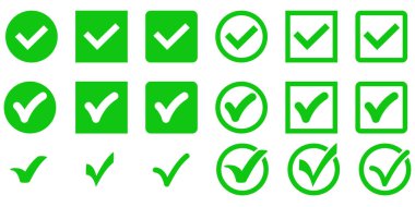 Yeşil işaret simgesi seti. Çember ve kare. Yeşil renkli kene sembolü, vektör illüstrasyonu.