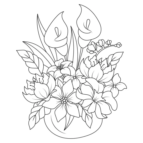 Vektorskizze Illustration Für Antistress Malbuch Eine Vase Mit Blumenstrauß — Stockvektor