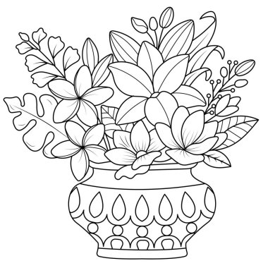 Stres önleyici boyama kitabı için vektör çizimi çizimi. Çiçekli bir vazo..