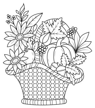 Çiçek buketli vazonun vektör çizimi. Yetişkinler için boyama sayfası