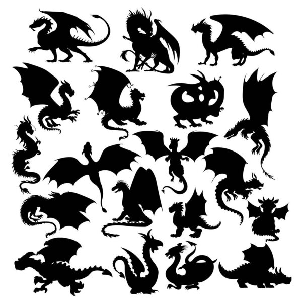 Набор силуэтов дракона изолированы на белом фоне