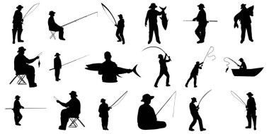 Beyaz arka planda izole edilmiş balıkçı vektör siluetleri.