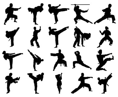 Beyaz arka planda izole edilmiş karate dövüş siluetleri.