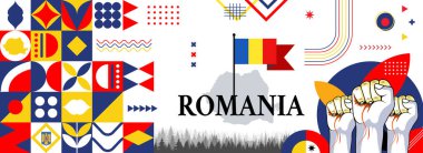 Map and flag of romania national or independance day banner with raised hands or fists. flag colors theme background and geometric abstract retro modern colorfull design clipart