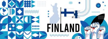 Finlandiya ulusal veya bağımsızlık bayrağı ülke kutlamaları için tasarlandı. Fin bayrağını ve haritasını kaldır. Soyut geometrik simgelerle modern retro tasarım. Vektör illüstrasyonu.