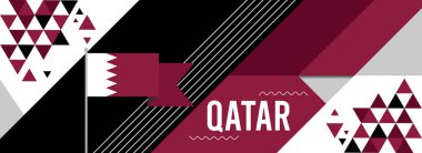  Ülke kutlamaları için Katar ulusal veya bağımsızlık günü pankartı tasarımı. Modern geçmişe dönük tasarımı ve soyut geometrik simgeleri olan Katar bayrağı. Vektör illüstrasyonu.