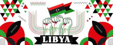 Ülke kutlamaları için Libya ulusal veya bağımsızlık günü pankartı tasarımı. Elleri havada Libya bayrağı. Soyut geometrik simgelerle modern retro tasarım. Vektör illüstrasyonu.