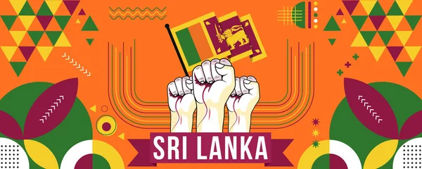 Ülke kutlamaları için Sri Lanka ulusal veya bağımsızlık günü pankartı tasarımı. Yumrukları havada Sri Lanka bayrağı. Soyut geometrik simgelerle modern retro tasarım. Vektör illüstrasyonu.