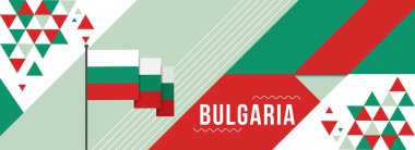 Bulgaristan ulusal veya bağımsızlık bayrağı ülke kutlamaları için tasarlandı. Modern geçmişe dönük tasarımı ve soyut geometrik simgeleri olan Bulgaristan bayrağı. Vektör illüstrasyonu.