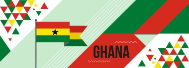 Ülke kutlamaları için Gana ulusal veya bağımsızlık günü pankartı tasarımı. Modern geçmişe dönük tasarımı ve soyut geometrik simgeleri olan Gana bayrağı. Vektör illüstrasyonu.