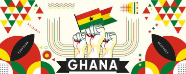 Ülke kutlamaları için Gana ya da bağımsızlık günü pankartı. Yumruk sallayan Gana bayrağı. Soyut geometrik simgelerle modern retro tasarım. Vektör illüstrasyonu.