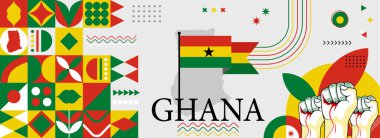 Ülke kutlamaları için Gana ya da bağımsızlık günü pankartı. Gana 'nın el kaldırılmış bayrağı ve haritası. Typorgaphy soyut geometrik simgelerle modern retro tasarım. Vektör illüstrasyonu.